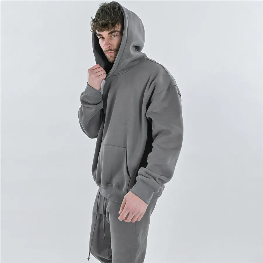 Men Winter Gyms Cotton Hoodie Fitness Bodybuilding Sweatshirt Jacket High Kangaroo Pockets Quality Hoodie Clothing+pants