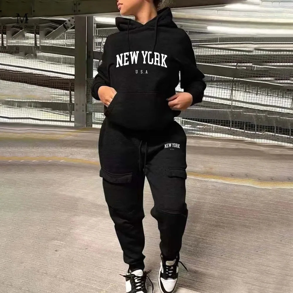 Activewear Women Sport 2 Piece Tracksuit Hoodies and Sweatpants Letter Print Winter Fashion Two Piece Matching Sets